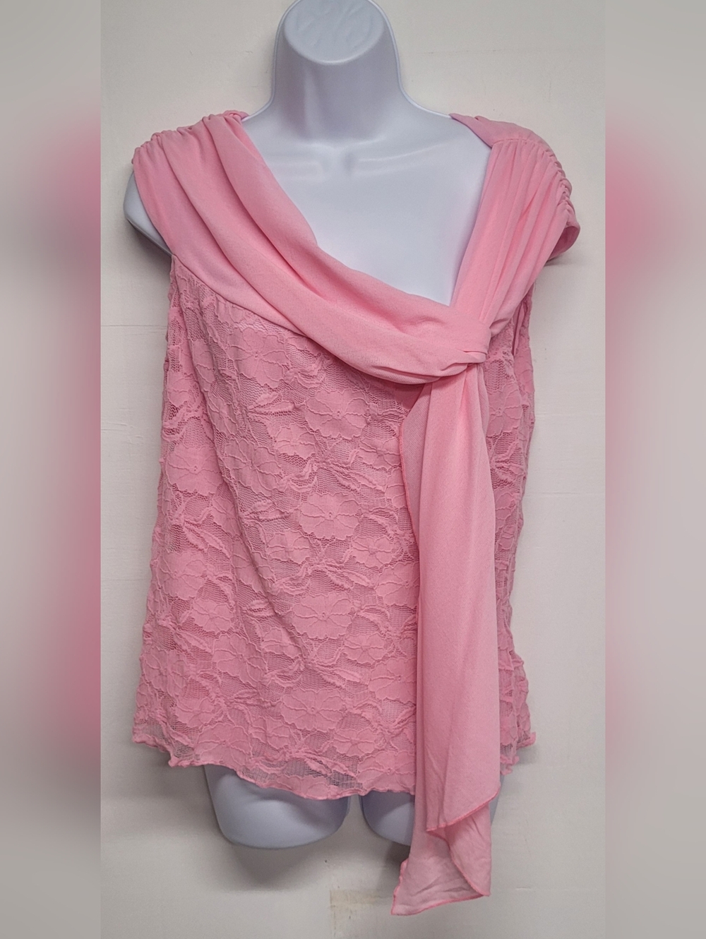 CDW Top L Pink Asymmetrical Neck Faux Scarf Sleeveless Lace Nylon Vintage New